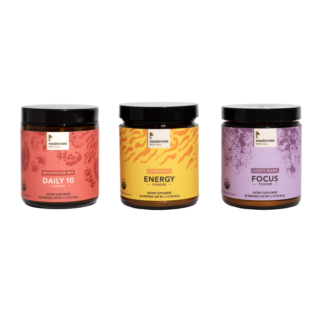 Sunrise Mushroom Powder Bundle (ENERGY + FOCUS + DAILY 10) - Focus powder in 3 different jars- Mushroom Revival